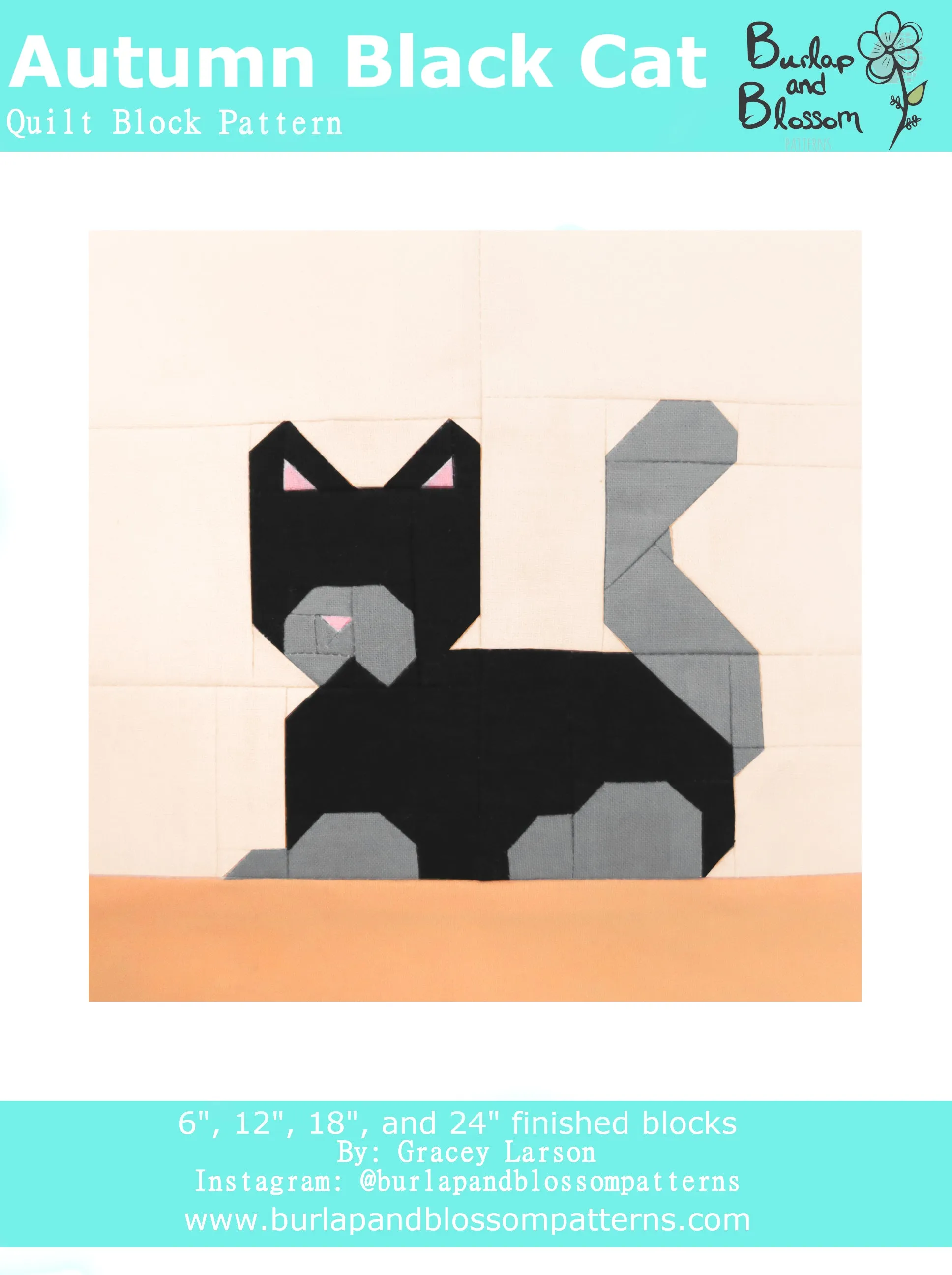 Pattern, Autumn Black Cat Quilt Block by Burlap and Blossom (digital download)