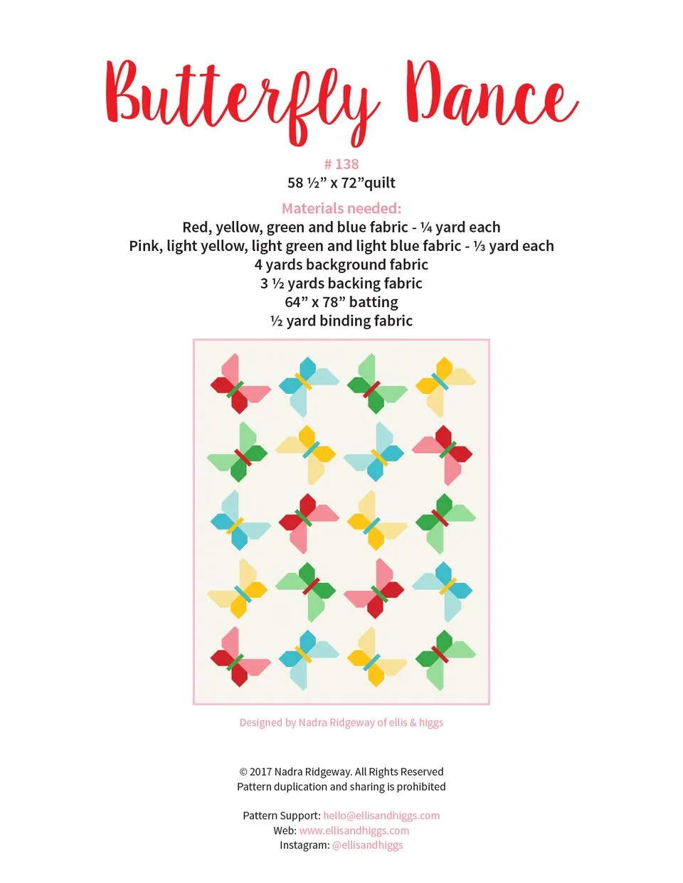 Pattern, Butterfly Dance Quilt by Ellis & Higgs (digital download)