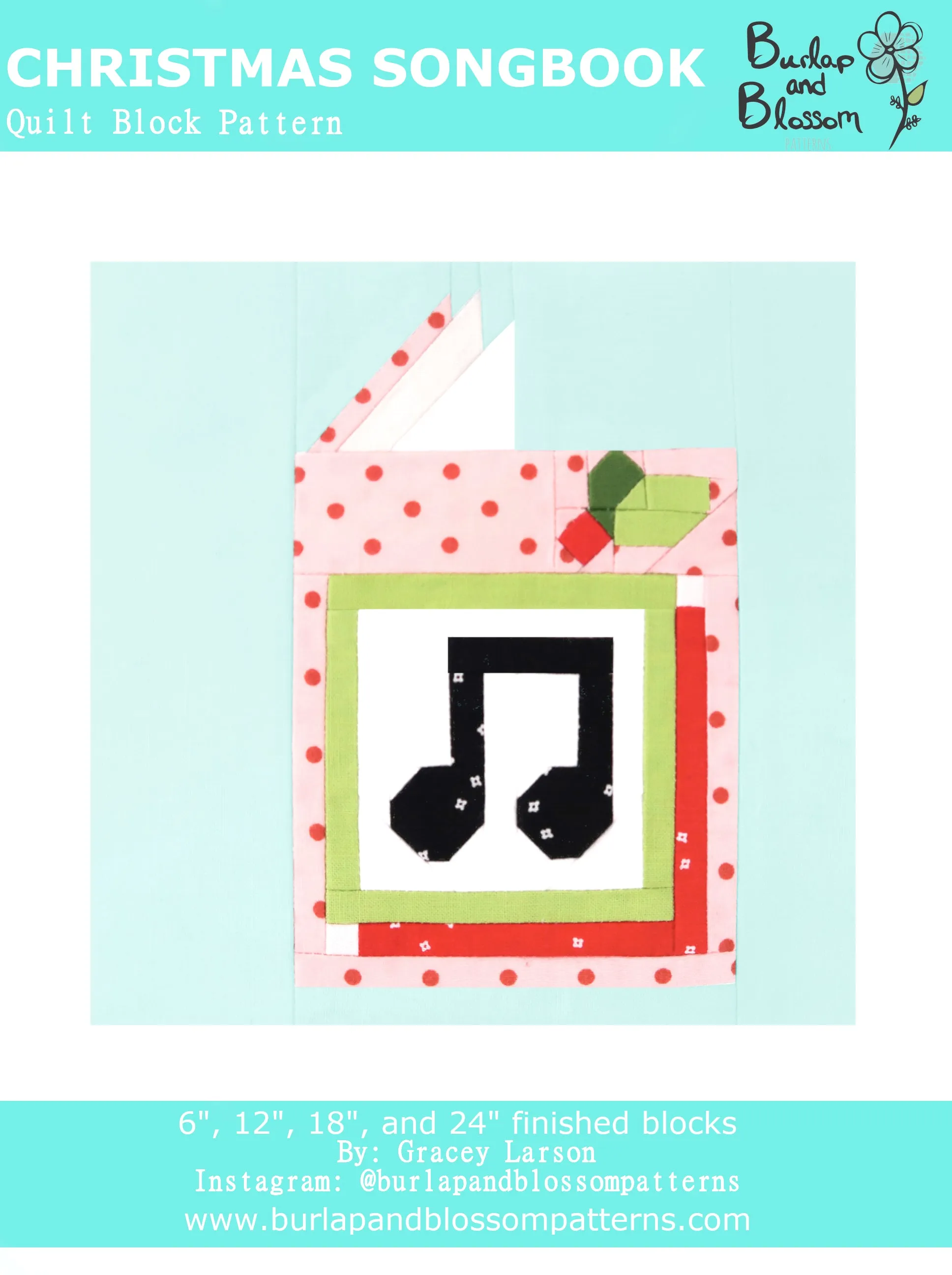 Pattern, Christmas Songbook Quilt Block by Burlap and Blossom (digital download)