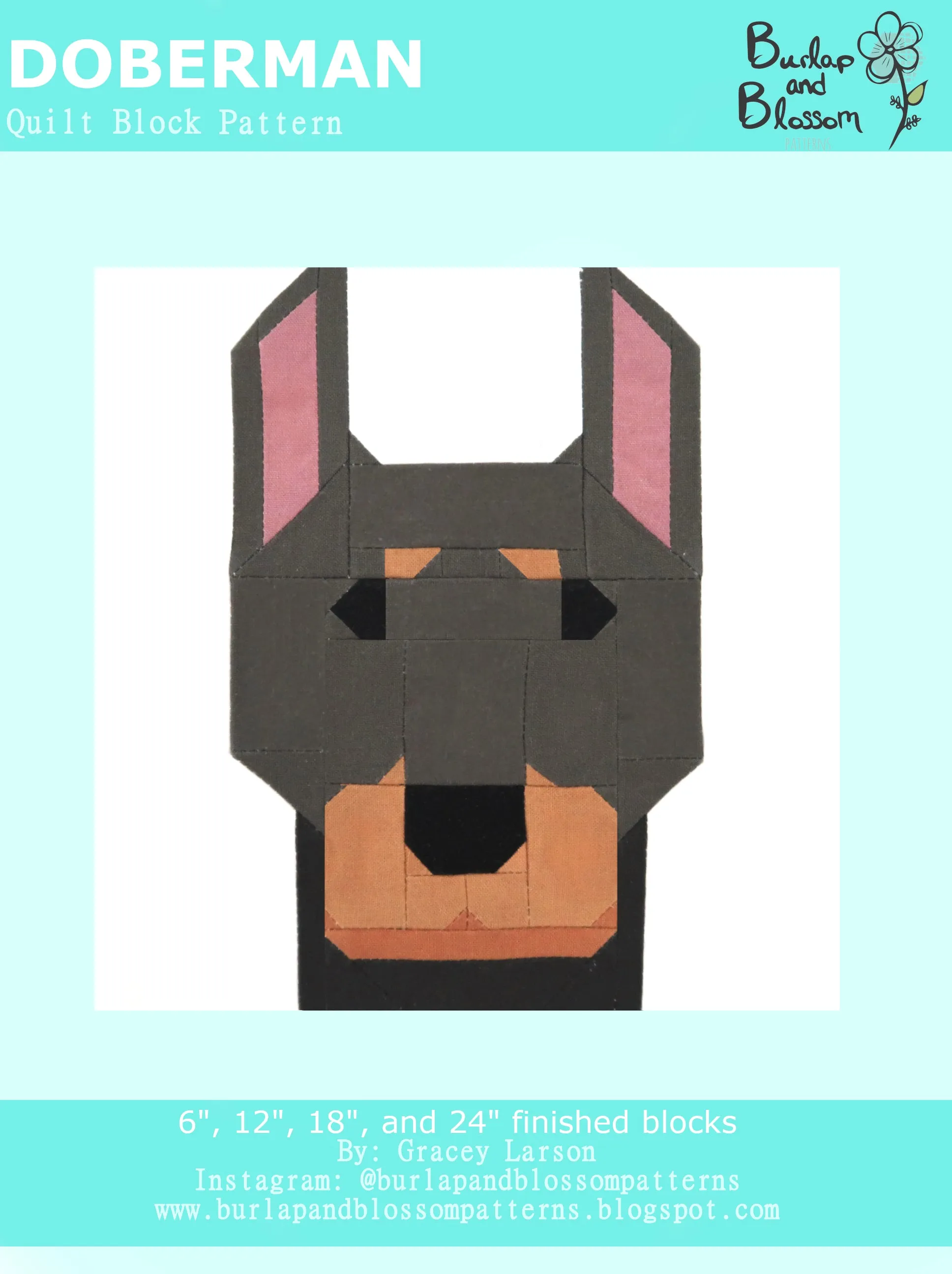 Pattern, Doberman Pinscher Quilt Block by Burlap and Blossom (digital download)