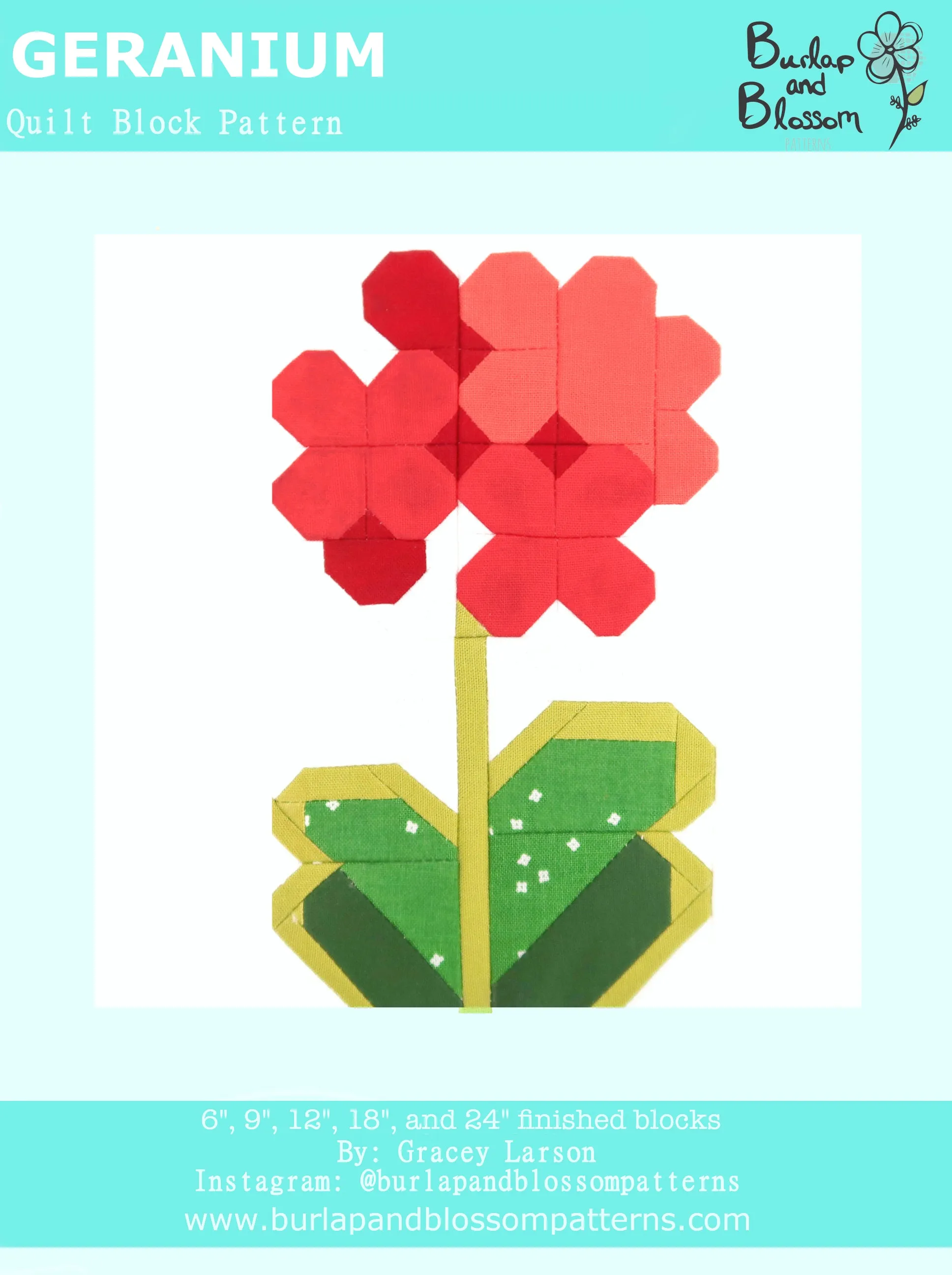 Pattern, Geranium Flower Quilt Block by Burlap and Blossom (digital download)