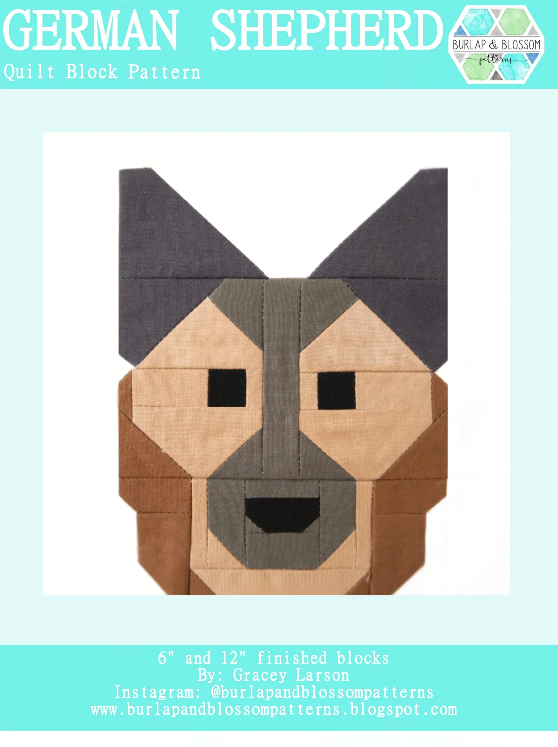 Pattern, German Shepherd Dog Quilt Block by Burlap and Blossom (digital download)