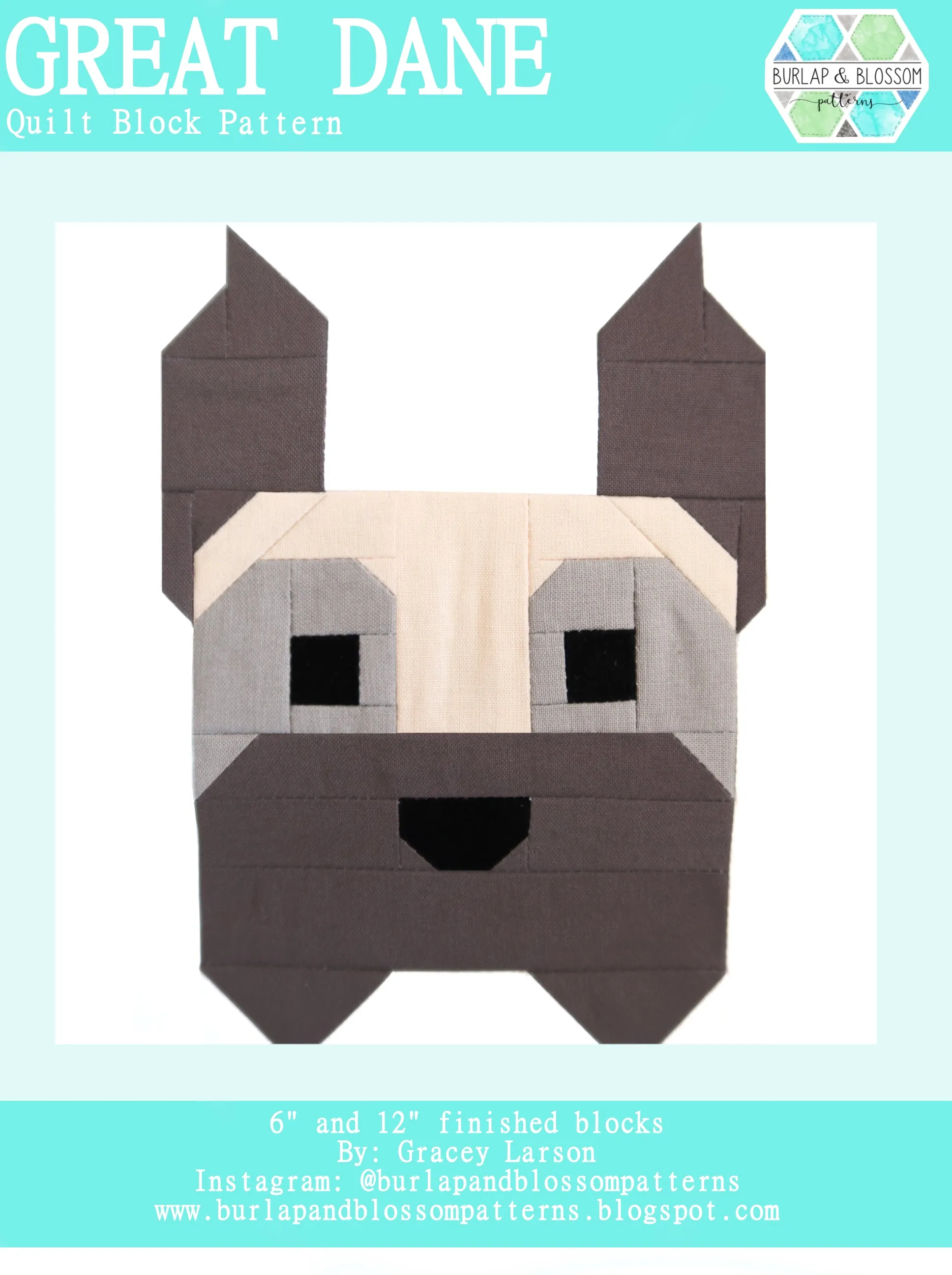 Pattern, Great Dane Dog Quilt Block by Burlap and Blossom (digital download)