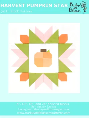 Pattern, Harvest Pumpkin Star Quilt Block by Burlap and Blossom (digital download)