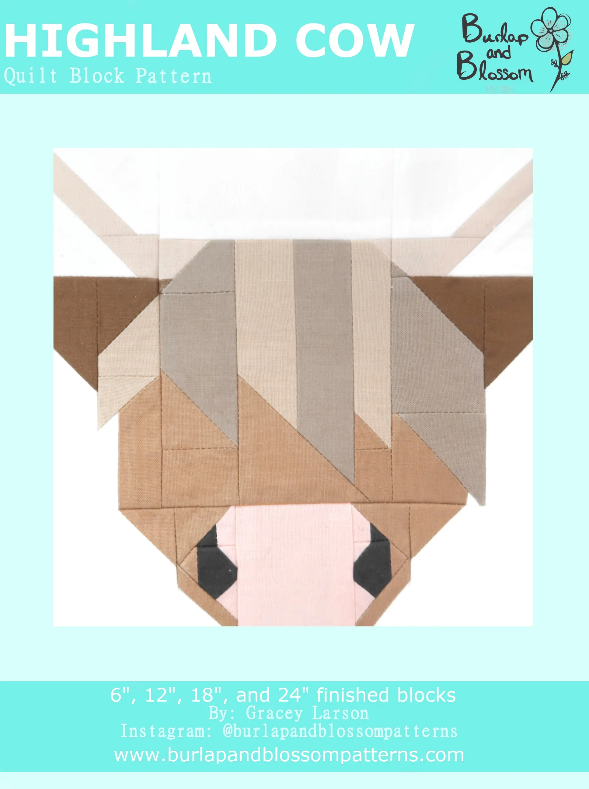 Pattern, Highland Cow  Quilt Block by Burlap and Blossom (digital download)