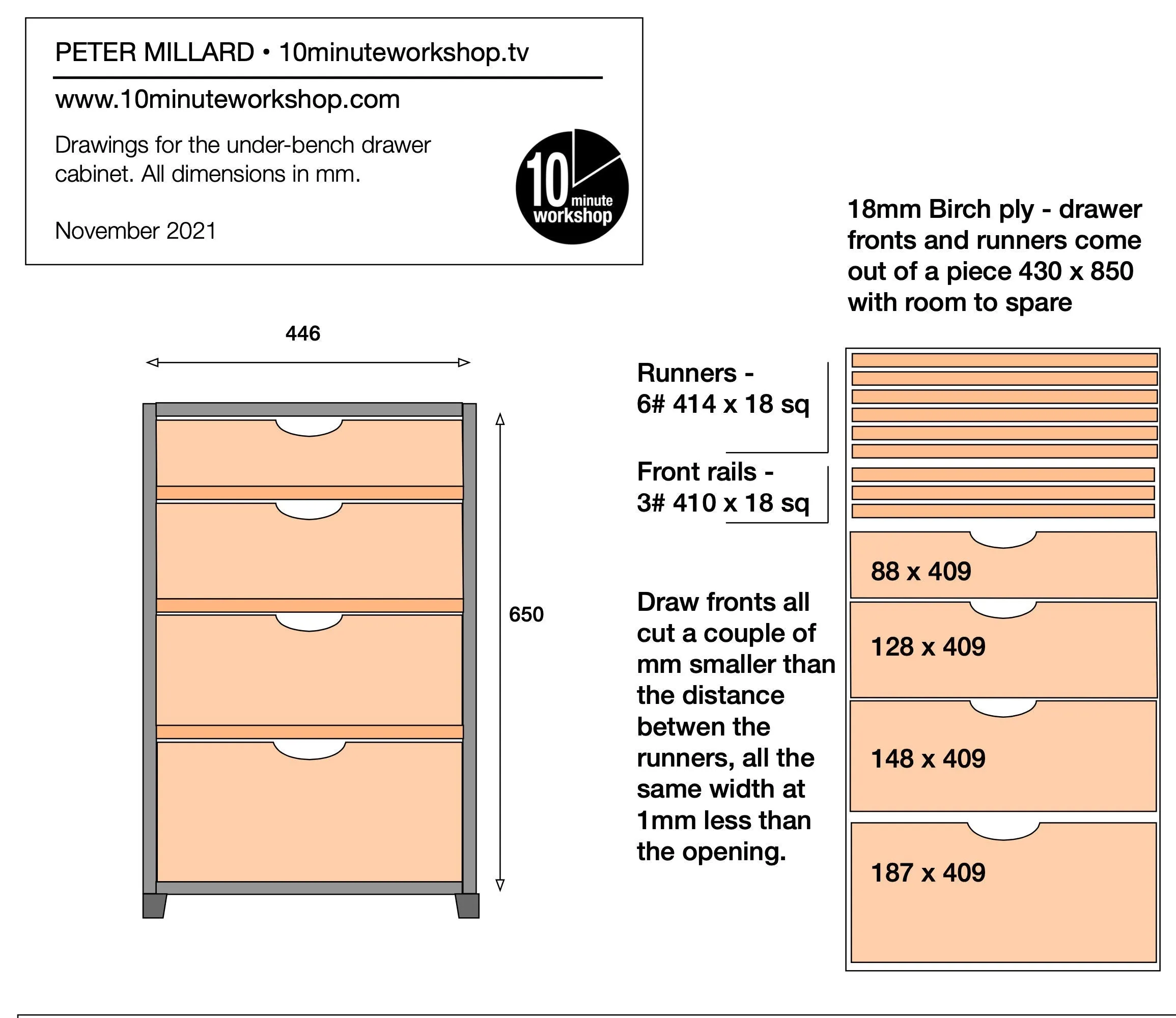 Plans for Under-bench cabinet with Birch ply drawers