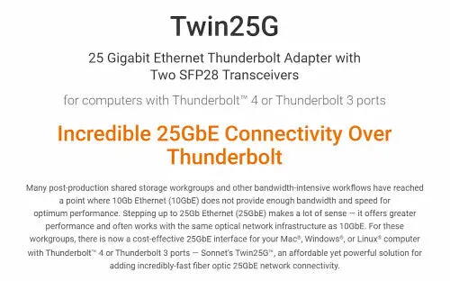 Sonnet Twin25G Dual-port 25GbE Thunderbolt Adapter with Two Included SFP28 Transceivers