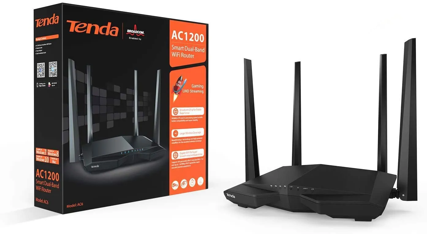 Tenda AC6 AC1200 Wireless Dual Band Router, Black 3-port Wireless Cable, 867Mbps/5GHz  300Mbps/2.4GHz