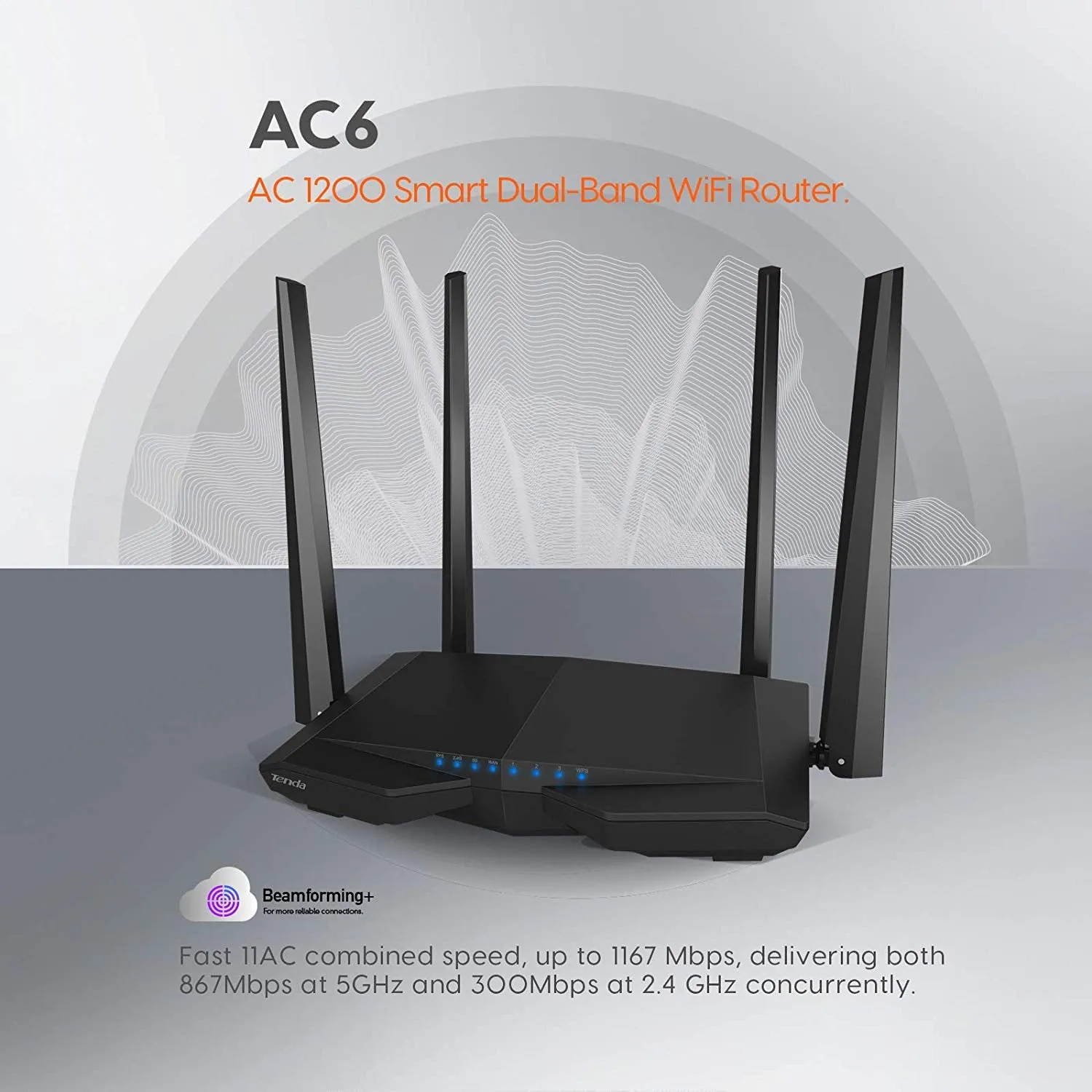Tenda AC6 AC1200 Wireless Dual Band Router, Black 3-port Wireless Cable, 867Mbps/5GHz  300Mbps/2.4GHz
