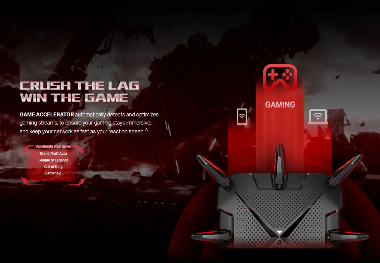 TP-Link Archer GX90 AX6600 Tri-Band MU-MIMO Wi-Fi 6 Gaming Router with 5G Gaming Band, 4804Mbps at 5GHz_2, 2.5G WAN Port, 1.5GHz Quad-Core CPU, OFDMA, Beamforming, USB 3.0 / 2.0 Port, OneMesh, IPv6, Access Point Mode, VPN Server, DFS, IPTV