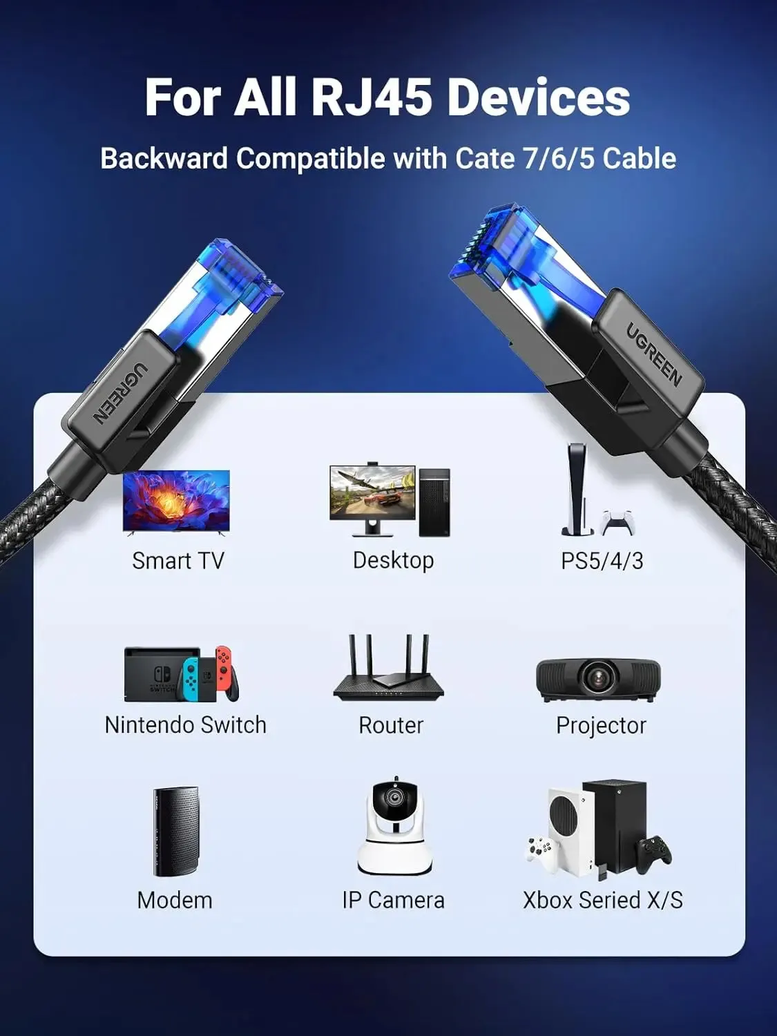 UGREEN 6FT /2M Cat 8  High Speed Braided Ethernet Cable, 40Gbps 2000Mhz Network Cord, RJ45 Shielded Indoor Heavy Duty LAN Cables Compatible for Gaming PC PS5 PS4 PS3 Xbox Modem Router (80431)