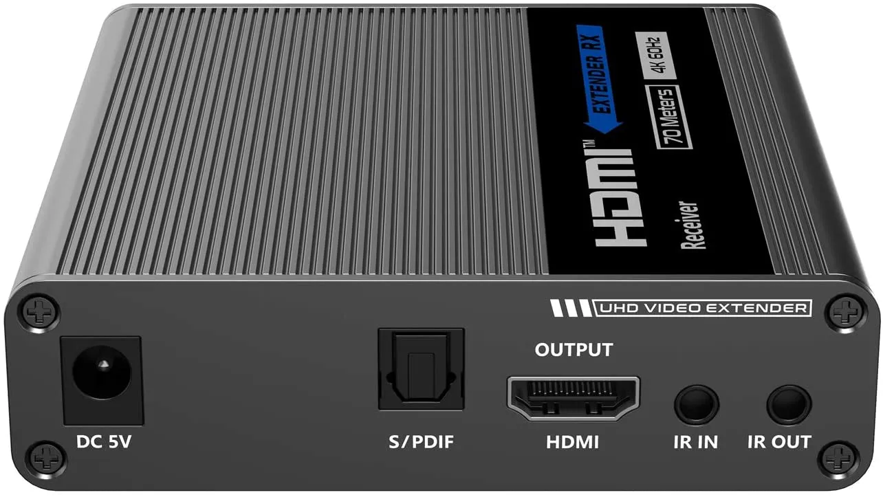 WeJupit 4K@60Hz HDMI Extender by Single Cat6/6A/7, 230Ft Zero Latecny Uncompressed Transmitter and Receiver, HDR 18Gbps, HDMI Loop-Out, Two Way IR, Optical Audio Output (WJEXT70-1)